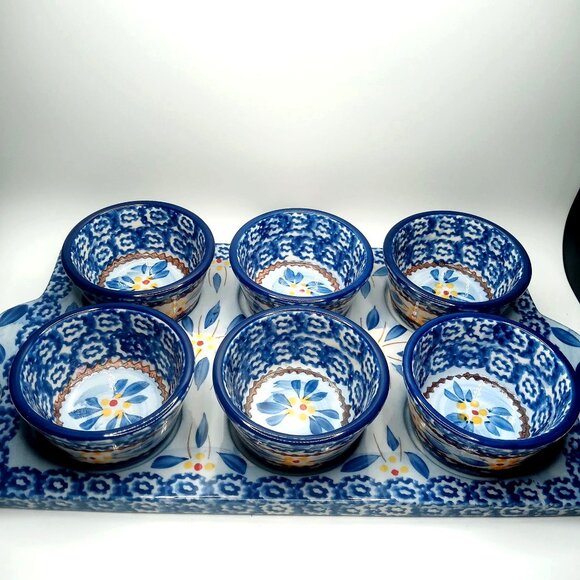 Temptation By Tara Old World Ovenware Serve Ware Set 6 Bowls & Serve Tray Blue - Picture 1 of 16